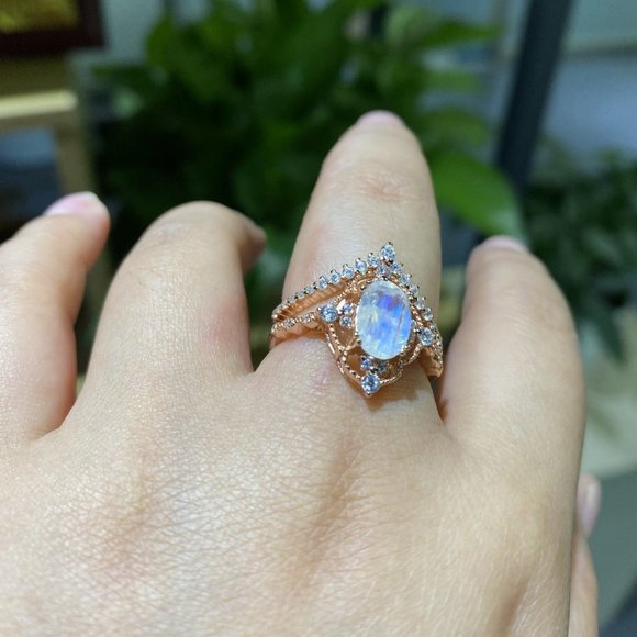 Oval Natural Moonstone Vintage Ring. Two Rings Set - Picture 2 of 14